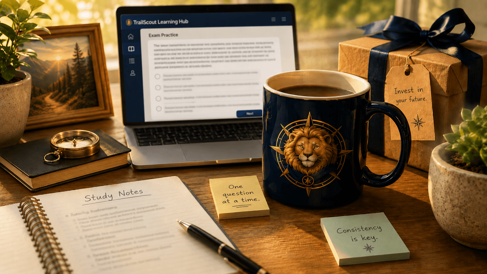 A golden study workspace with the TrailScout Learning Hub open on a laptop, a TrailScout lion mug, study notes, a compass, and a gift tagged Invest in your future.